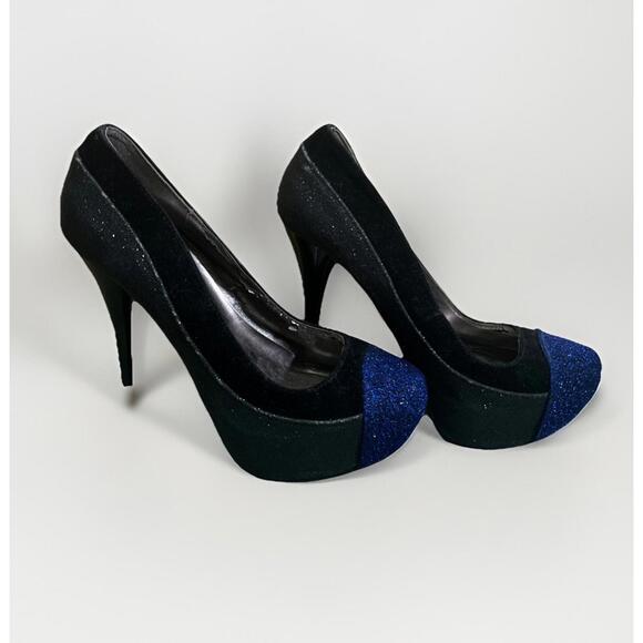Qupid Shoes - Qupid Black Glitter Platform 6" Stiletto Stripper Heels Sz 7.5 Daydream-45 Pumps